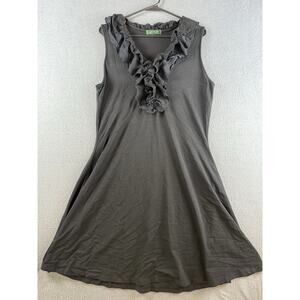 LAUREN Ralph Lauren BLACK RUFFLE NECK STRETCH A-LINE COTTON MODAL KNIT DRESS L